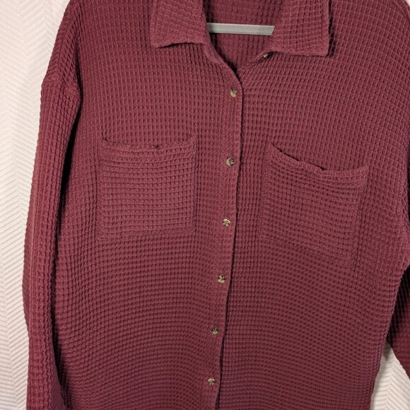 PAPER LABEL Oversized Waffle Button Down Shirt Burgundy Cotton Size Large - Picture 7 of 13